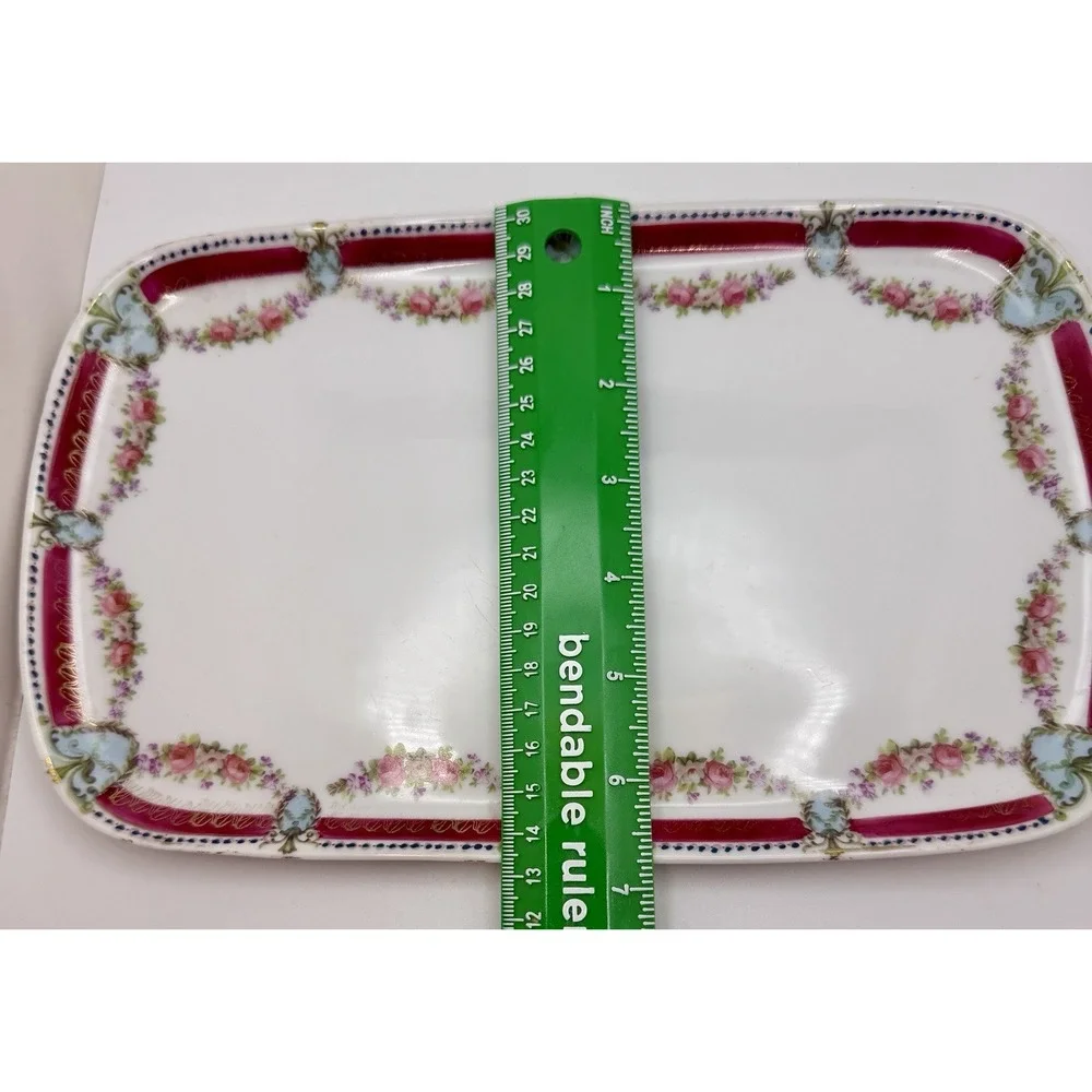 Antique ES Prussia Porcelain Dresser Tray Pink Roses Raspberry Border 11.25